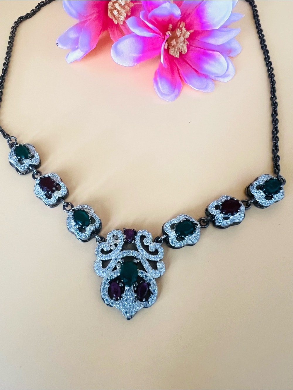 Vintage inspired Silver Necklace with Red and Green Accents